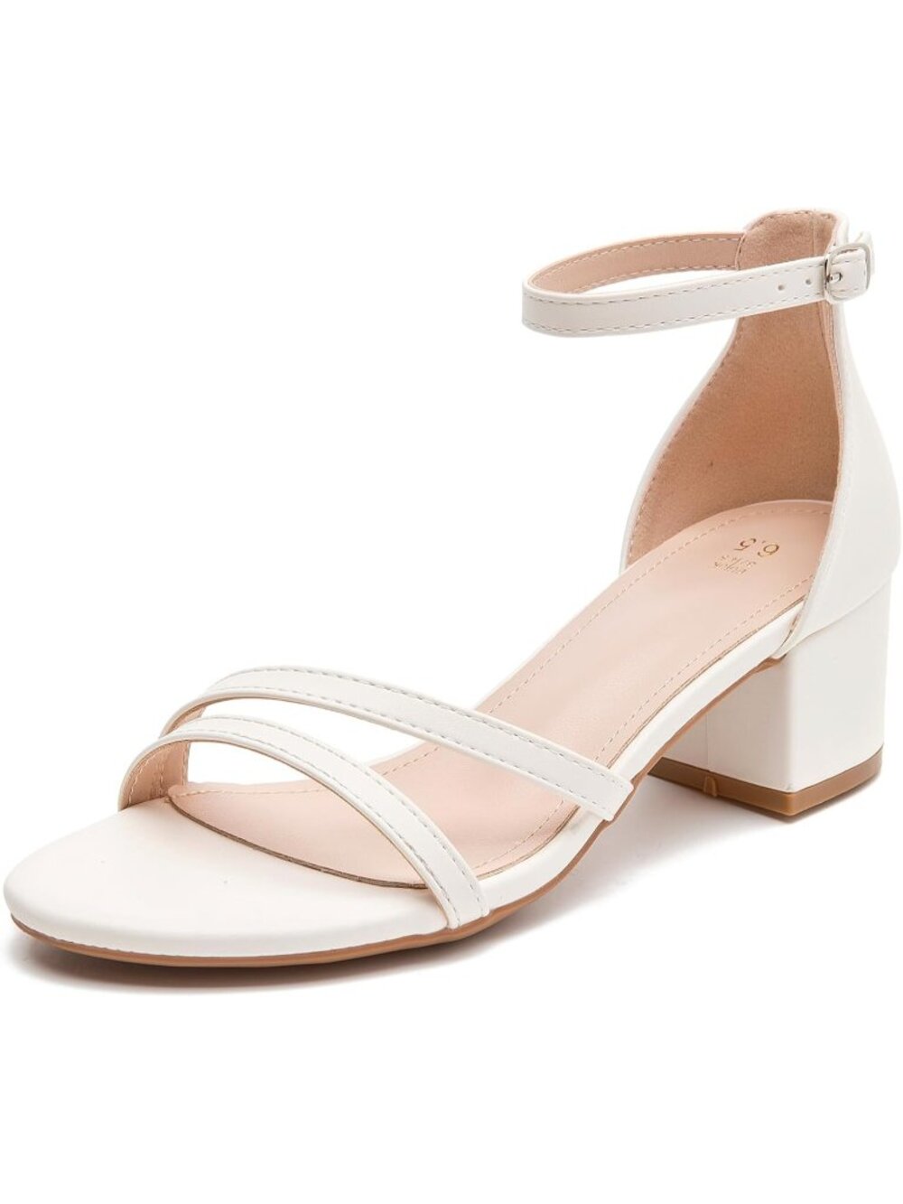 Women's White PU Open Toe Ankle Strap Chunk Low Heel Strappy Sandals Pumps Shoes